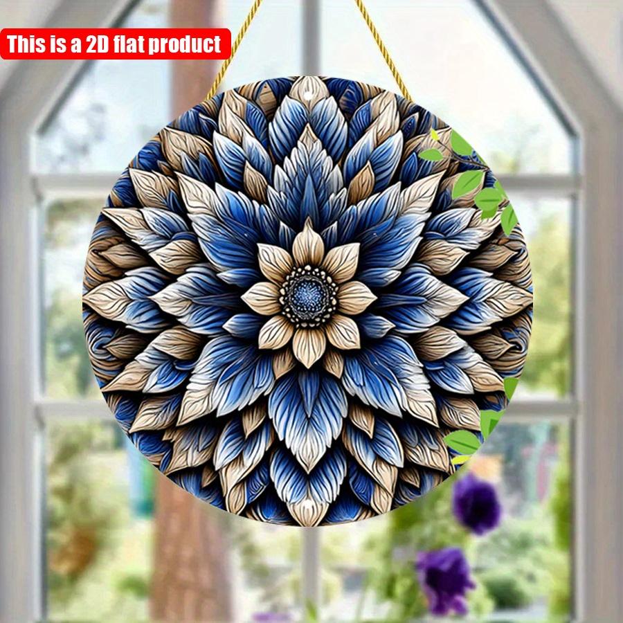 2D Flat 20*20cm 1pc Retro Blue Floral Mandala Round Wall Art Plaque, Nostalgic&Novelty Style Detailed Symmetry Flowers Pattern Environmental Embellish
