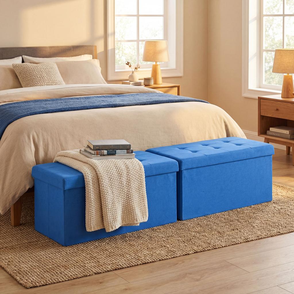 Storage Ottoman Foldable Storage Bench 84 L 76x38x38 Cm Upholstered In Synthetic Linen Light Blue