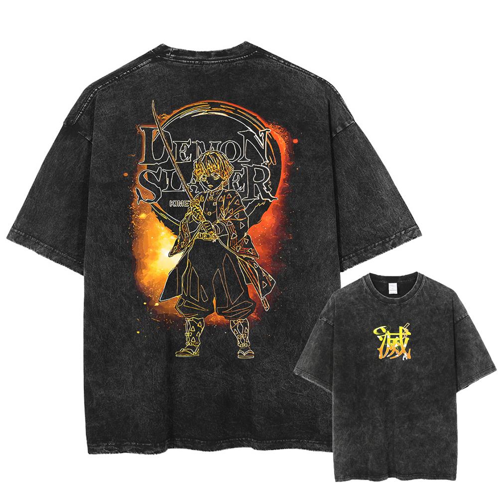 Japan Anime Demon Slayer Agatsuma Zenitsu Print T Shirt Men Washed Cotton T-shirts Manga Casual Tee Harajuku Male Vintage Tshirt