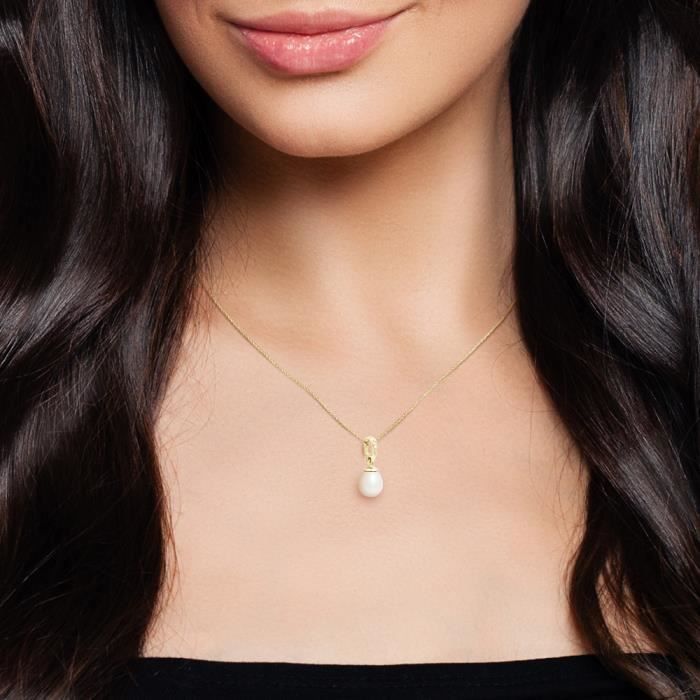 Compagnie Générale Des Perles - Diamond Pendant 0.03 Cts Genuine Pear Cultured Pearl 9-10 Mm - 18 Cts Yellow Gold - Women's Jewelry
