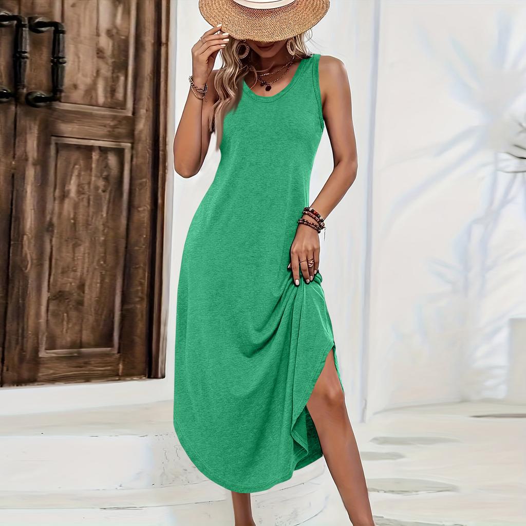 Ärmelloses lässiges Midi-Kleid in einfarbiger Ausführung mit lockerem Schnitt und seitlichem Schlitz, bequemes Sommerkleid für Damen