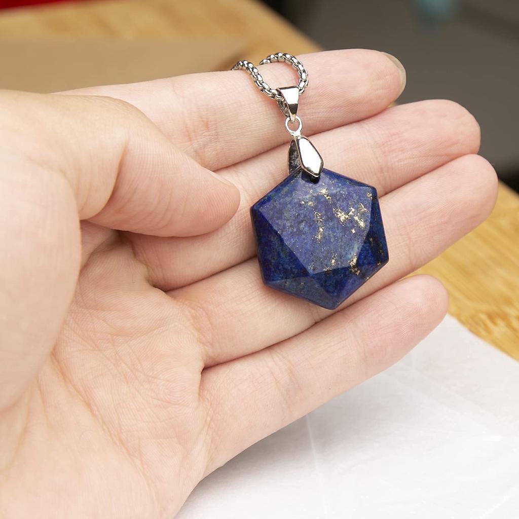 Echte lapis lazuli sechseckige Stern Halskette Heilkristall Anhänger, Verstellbare Naturstein Halskette Reiki Quarz Schmuck Unisex, Edelstahl