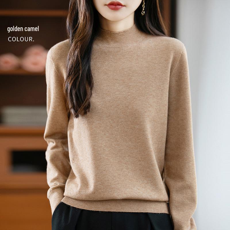 Elegant Autumn Velvet Knit Half-High Neck Sweater for Women - Long Sleeve, Loose Fit Pullover