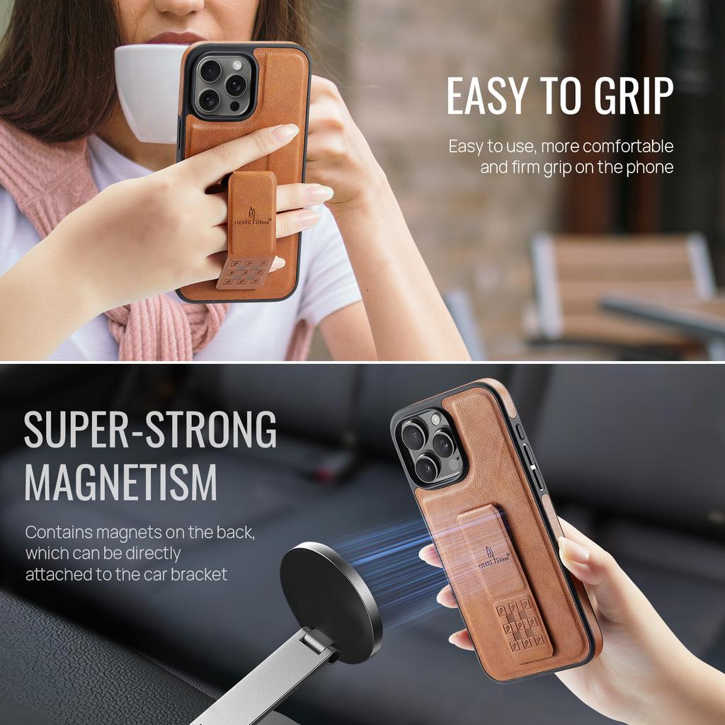 Luxury Foldable Leather Case For iPhone 16 Pro Max 15 Plus 14 13 12 invisable Wristband Magnetic Business Hand Grip Stand Cover