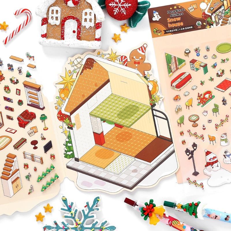 Christmas Miniature Diorama Landscape Stickers Cute Cartoon Pocket Diy Scene Decoration Aesthetic Stationery Stickers