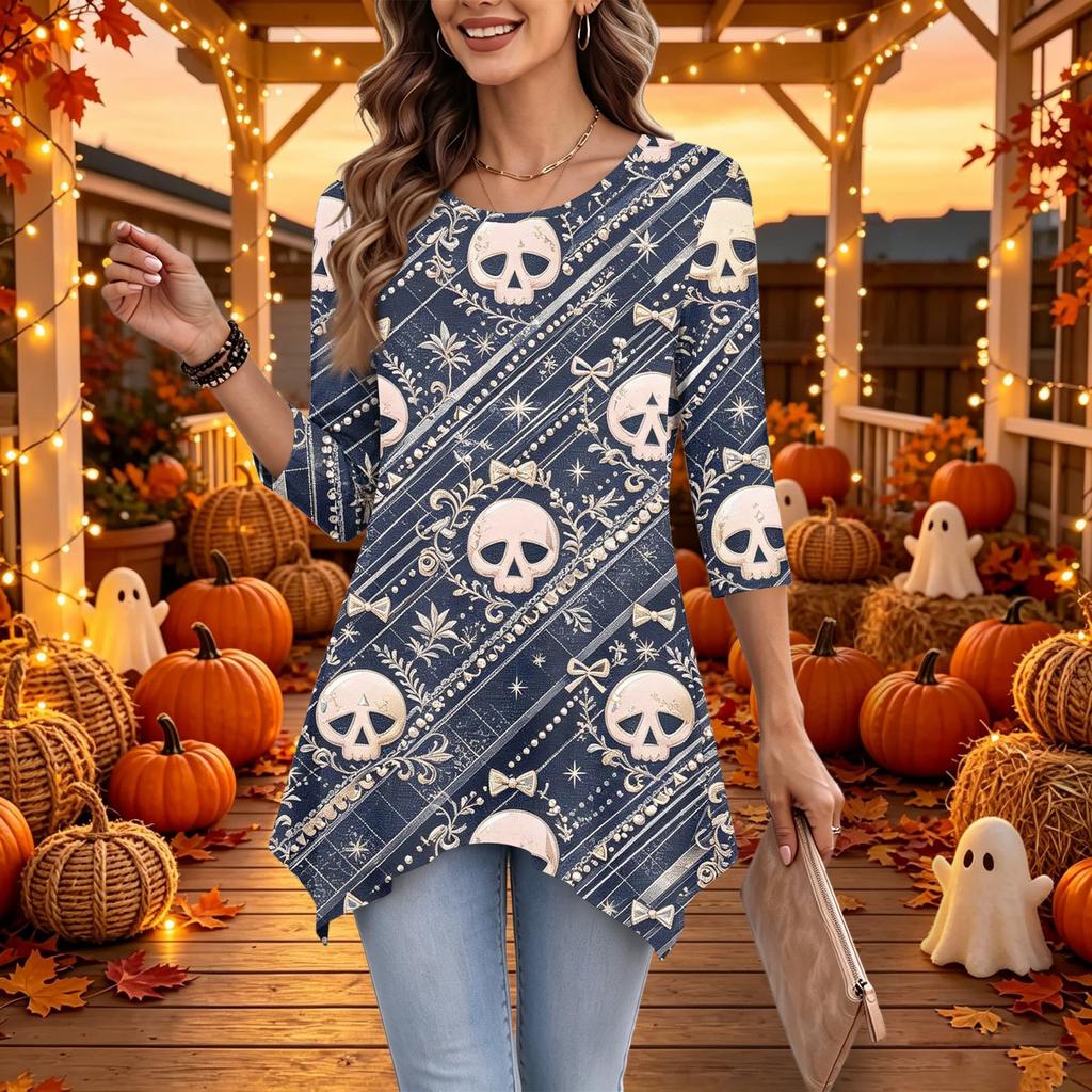 Women's Casual Halloween Print Top, Loose Fit Three-Quarter Sleeve