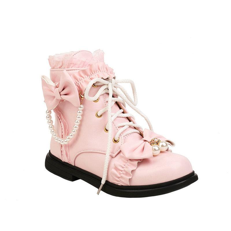 Size28-43 Bow Lolita Girls Short Boots Women Ankle Boots Lace-Up Zipper School Cosplay Princess Lolita Flat Shoes Girls Booties