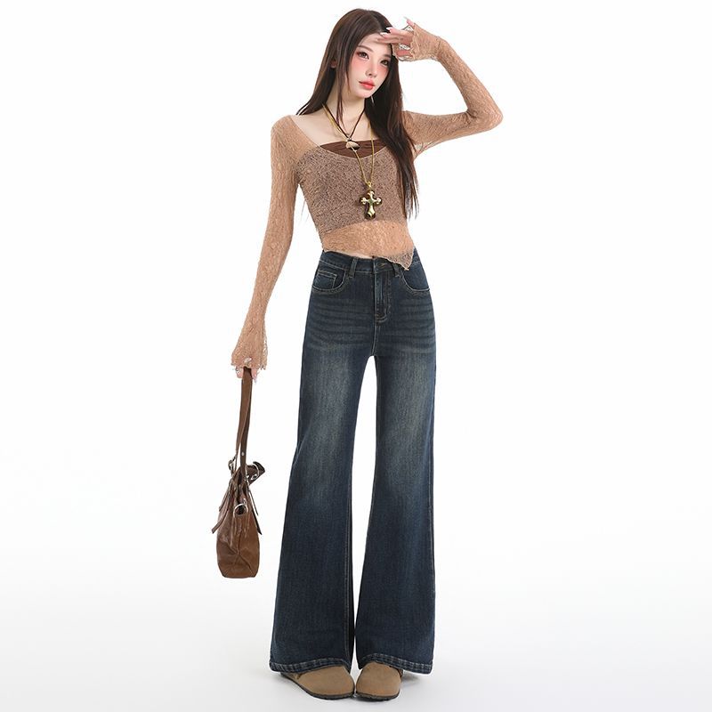 Retro Elastic Flared Pants Women's Pocket Design Sense Autumn and Winter New Casual Women's Clothing Jeans Micro-flared Pants