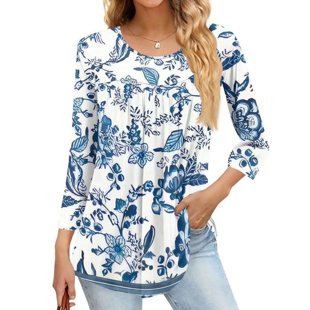 Damenmode Lässiges Dreiviertelarm-Oberteil mit Aufdruck und Rundhalsausschnitt