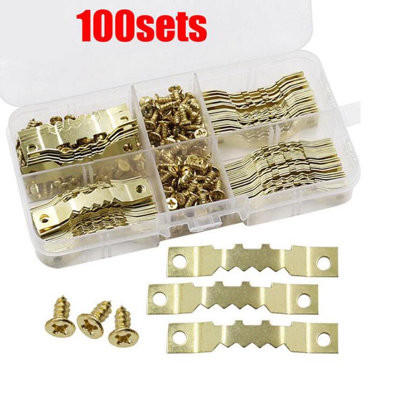 

100 комплектов золотистых зубчатых подвесов для фоторамок, подвешивание фото, масляной живописи, зеркала, крючки, фурнитура с винтами, зубчатые подвесы Pack of 1