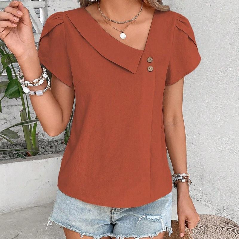 New Chic Womens Asymmetrical Neck Puff Sleeve Blouse Casual Button Detail Short Sleeve Top Elegant Loose Fit Summer Shirt for Work  Everyday Wear