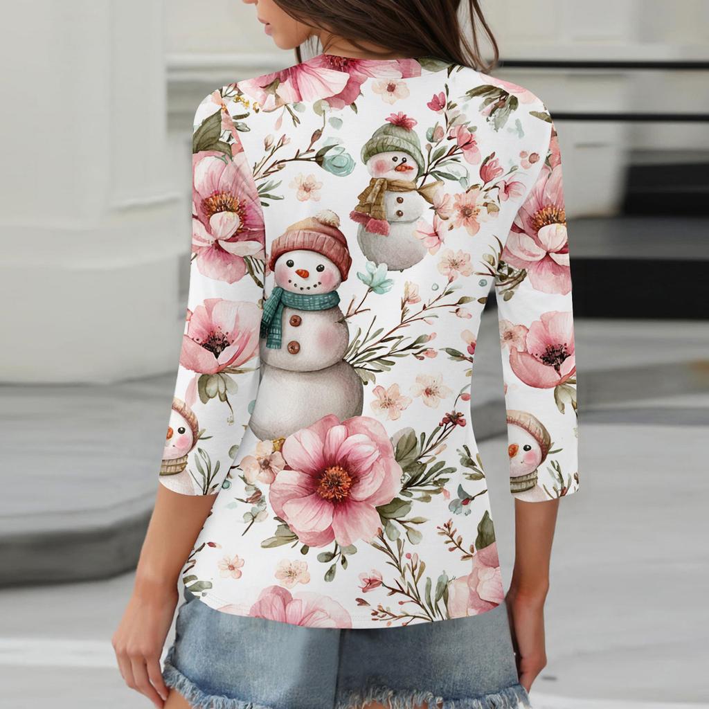 3/4 Length Sleeve Womens Tops Floral Print Vintage Fashion Casual Loose With Round Neck Plus Size Shirts