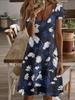 Vneck Shortsleeve Midi Dress Blue White Floral Print 3D Premium Printing Durable Casual Fashion for Women Elegant Summer Outfit Lightweight Breathable