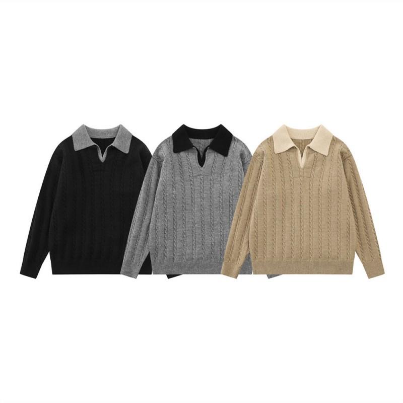 Mens Loose Fit Knit Sweater With Collar Turn-Down Neck Acrylic Blend Pullover Casual Streetwear