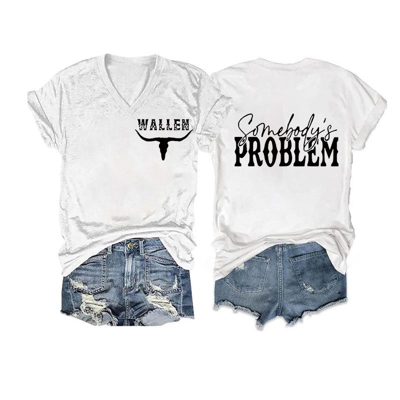 Women V‑Neck Short Sleeve T‑Shirt Double‑Sided Letter Print Casual Street Fashion Ladies Top S‑3XL