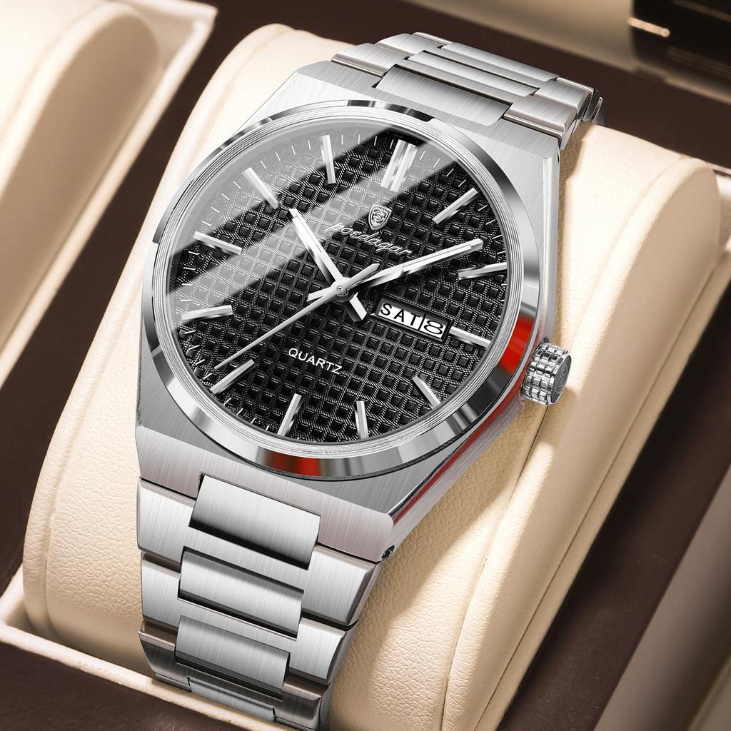 POEDAGAR Luxe Herenhorloge Datum Week Waterdicht Lichtgevend Roestvrij Staal Horloge voor Man Casual Kwarts Horloges Mannelijk Sport+Doos