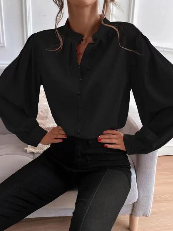 2026 Spring Elegant Solid Color Lapel Long Sleeve Women s Loose Top Shirt M чёрный