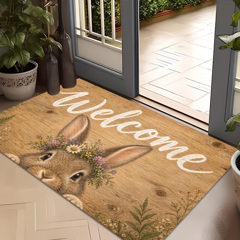 1pc, 2D Flat Printed Wreath Rabbit "Welcome" Entrance Doormat, Non-Slip Machine Washable Easy-to-Clean Polyester Mat, Suitable for Home and Outdoor De