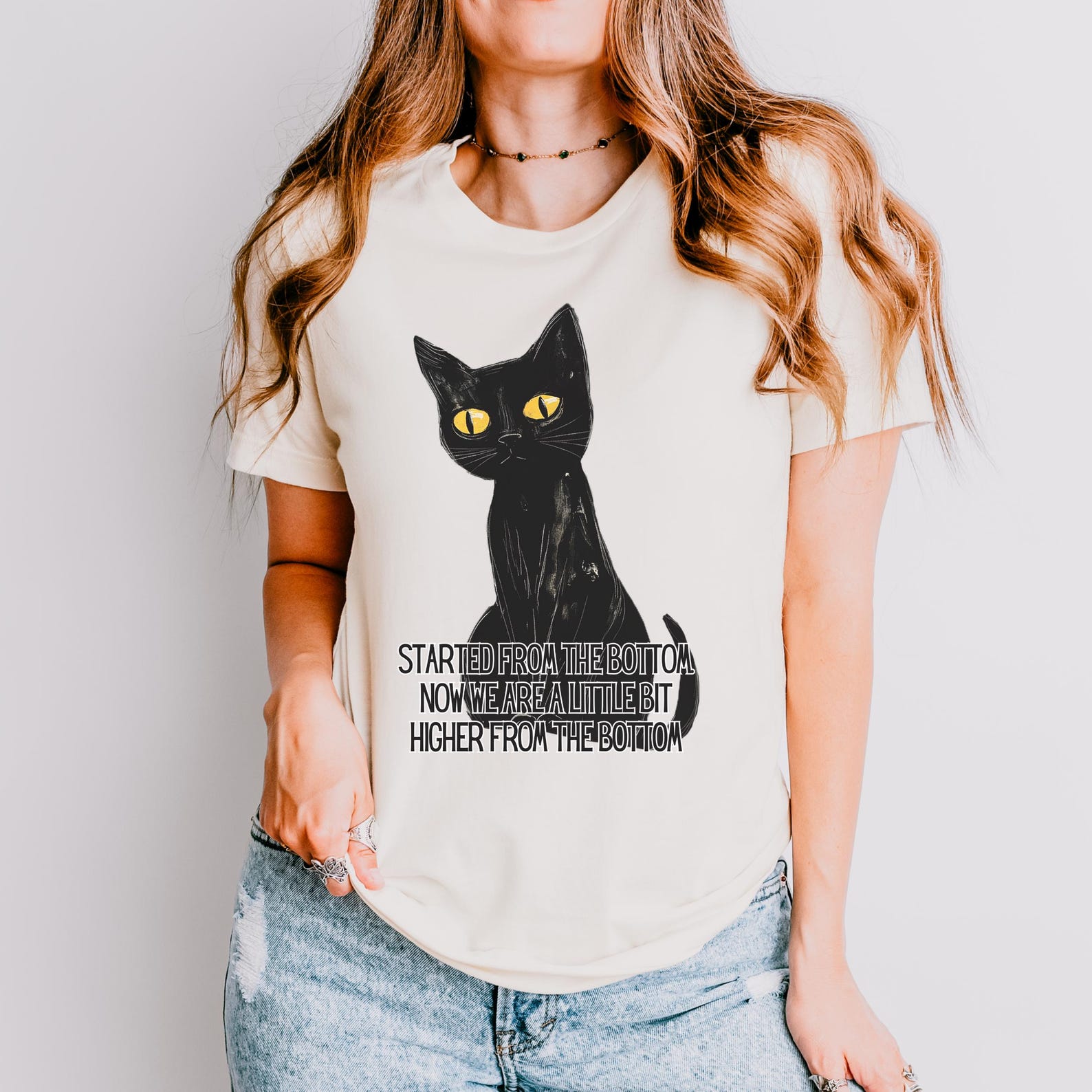 Funny Black Cat Graphic Tee: Started From The Bottom Cat Quote L