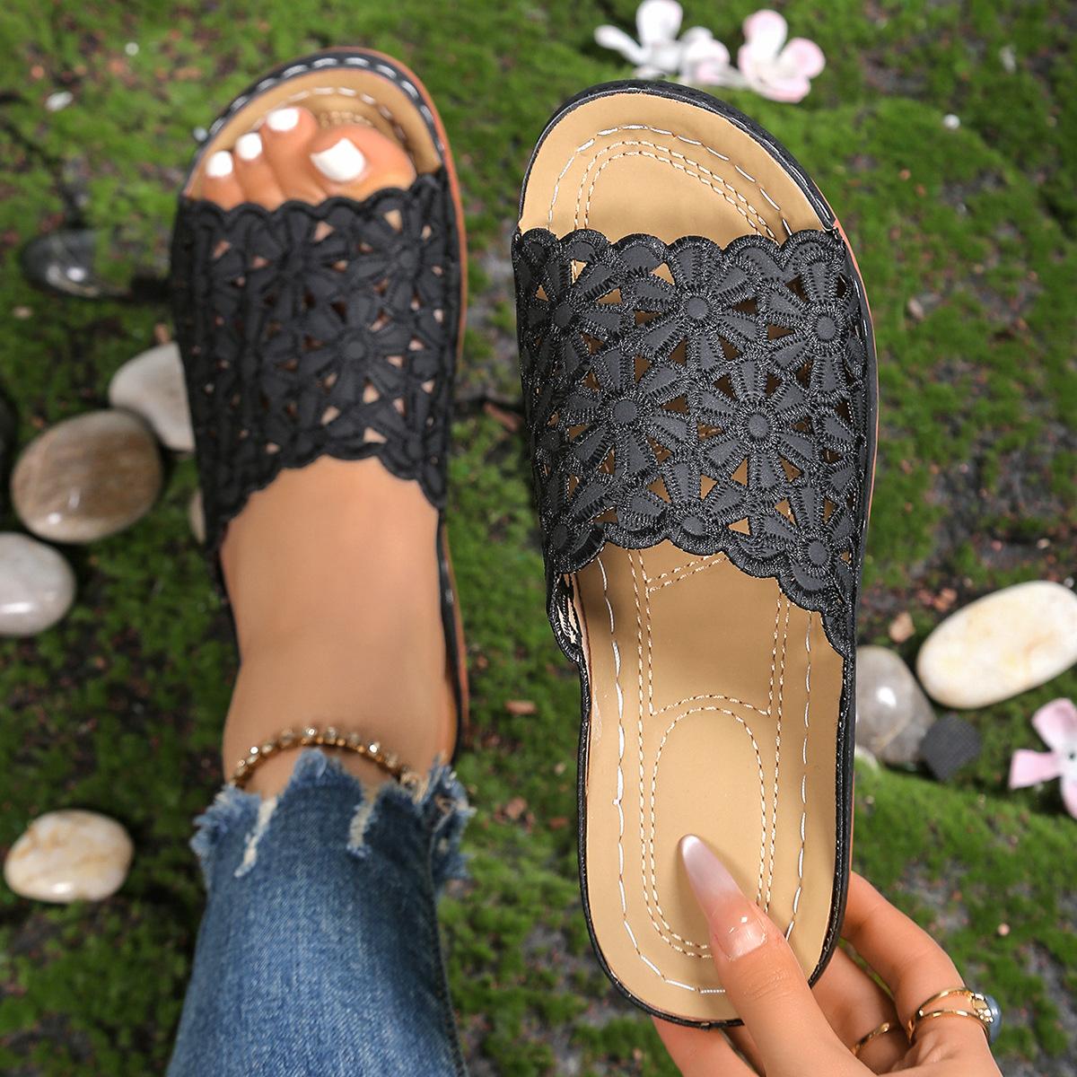 

Women s Wide Width Floral Hollow Out Slides - Low Wedge Mule Sandals for Summer, Minimalist Casual Slides 43 чорний