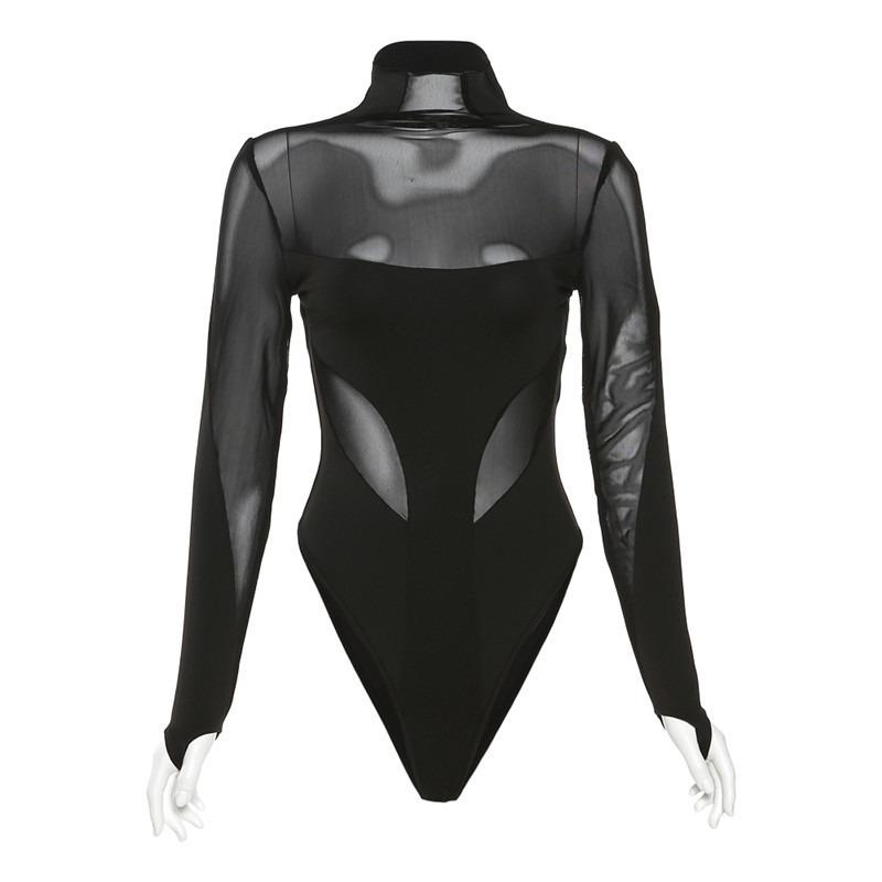 Mesh Splicing See Through Sexy Bodysuits Women Fashion Slim Long Sleeve Jumpsuit Women Playsuits Skinny Mesh Patchwork Vacation Skinny Rompers 24303