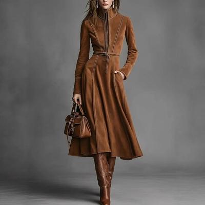 Robe longue élégante rétro d'automne en daim et peluche avec fermeture éclair, laçage à la taille et jupe évasée 2025
