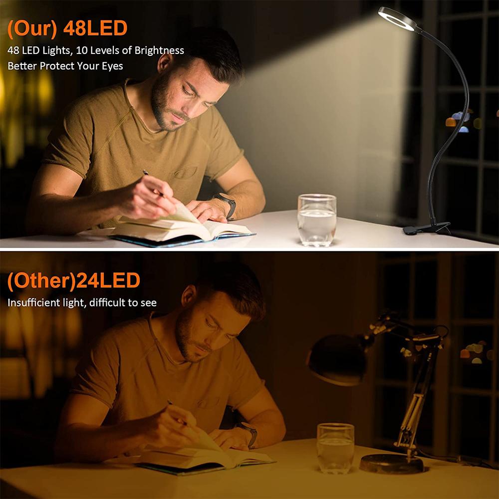 48 LEDs Desk Lamp Clip USB Book Light Bedside 360° Flexible Eye Protection Gooseneck Reading Light Brightness Adjustable 3 Leve