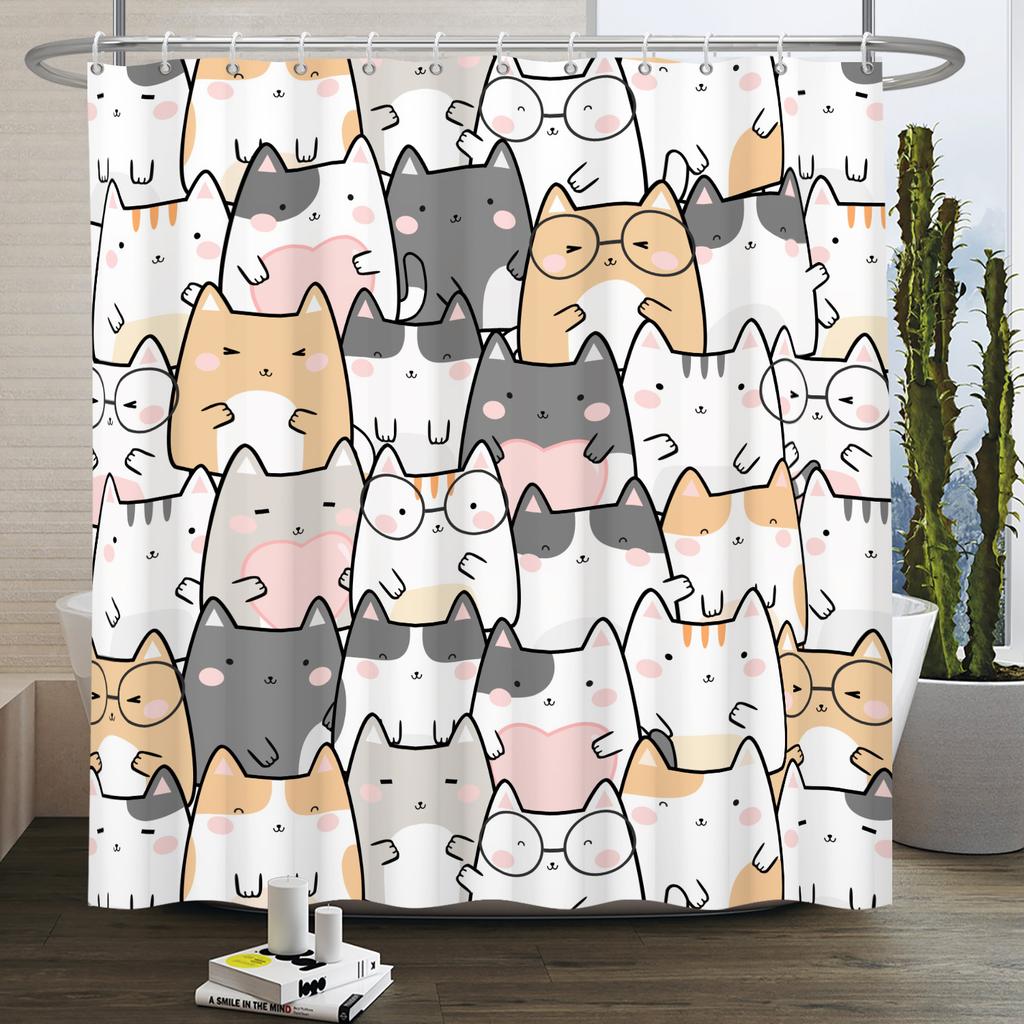 Minimalist Comics Shower Curtain Cute Cats Funny Cat Bath Scene Decor Waterproof Polyester Bathroom Curtain Set with 12 Hooks