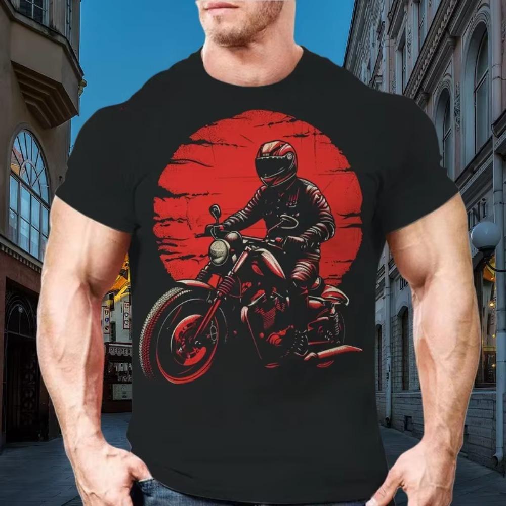 Vintage Heavy Motorcycle Print Summer Men's T-Shirt Street Tough Guy Style Personality Trend Short Sleeve Plus Size Top Clothing