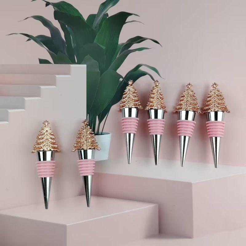 1pc Pink Rubber Rose Gold Christmas Tree, Christmas Wine Stopper, Champagne Stopper