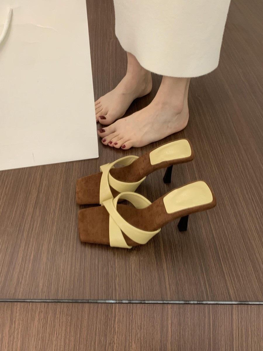 

Celebrity style cross with open-toed square slippers women s summer wear French beautiful 7cm high heels thin heels cool slippers 35