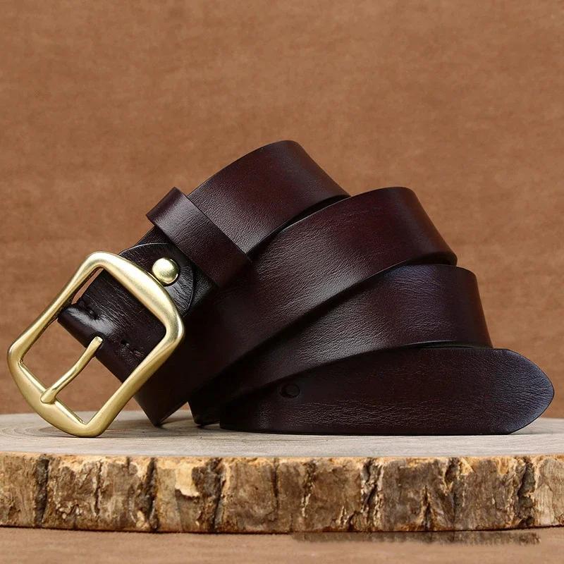 3,3CM Čistá hovězí kůže Pravá kůže pro Pánské Vysoce kvalitní Džíny Mosazná přezka Pásky Kovbojský pas Pánská Módní Značka Návrháře