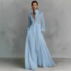 Women's Stand Collar Long Sleeve Solid Color High Waist Pleated A-Line Maxi Dress With Pockets