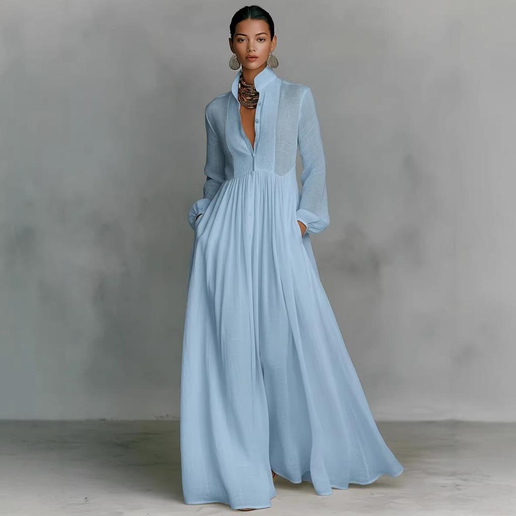 Women's Stand Collar Long Sleeve Solid Color High Waist Pleated A-Line Maxi Dress With Pockets