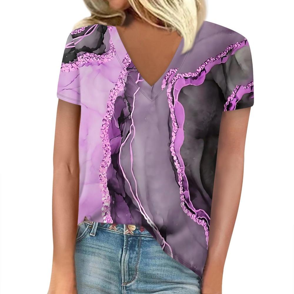 T-shirt women's summer leisure elegant v-neck short sleeves gradient texture pattern top loose casual wear ladies T-shirt