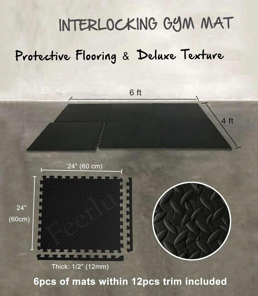 Feetlu Interlocking Gym Exercise Mat Square Puzzle Foam Tile Home Gym Fitness Mat Workout Floor Multipurpose Basement Use Thick - Garage, 24"x24"x1/2