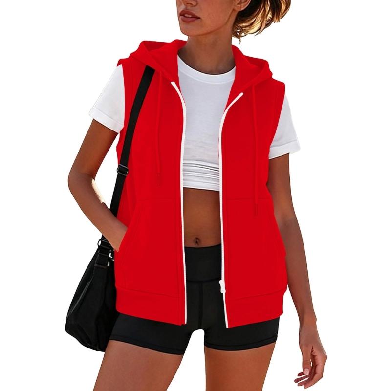 Women’s Sleeveless Sun Protection Vest Zip Up Hoodie Jacket Lightweight Drawstring Sweatshirt Outdoor Shirt with Pockets