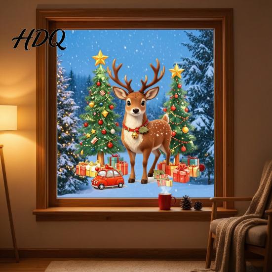 Elk Tree Glass Stickers 1/2 Sheets Christmas Reindeer Window Cling Car Gift Box Winter Decoration Sticker Static Sticker Waterproof Decal,