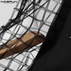 INCERUN Men Short Sleeve Plaid Mesh Sheer Stitching Tops T-shirts