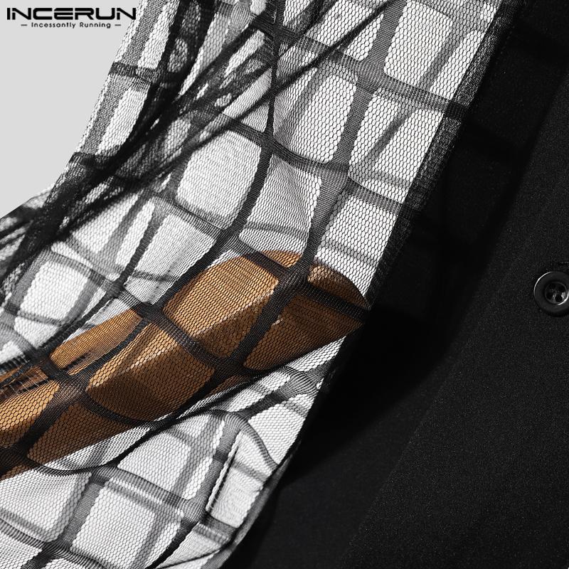 INCERUN Men Short Sleeve Plaid Mesh Sheer Stitching Tops T-shirts