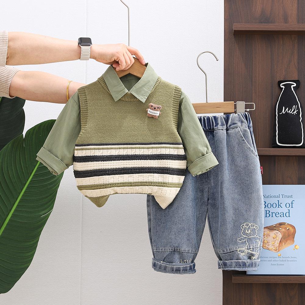 2026 Boys  Striped Bear Sweater Vest & Long Sleeve Shirt 3-Piece Set 100cm зелёный