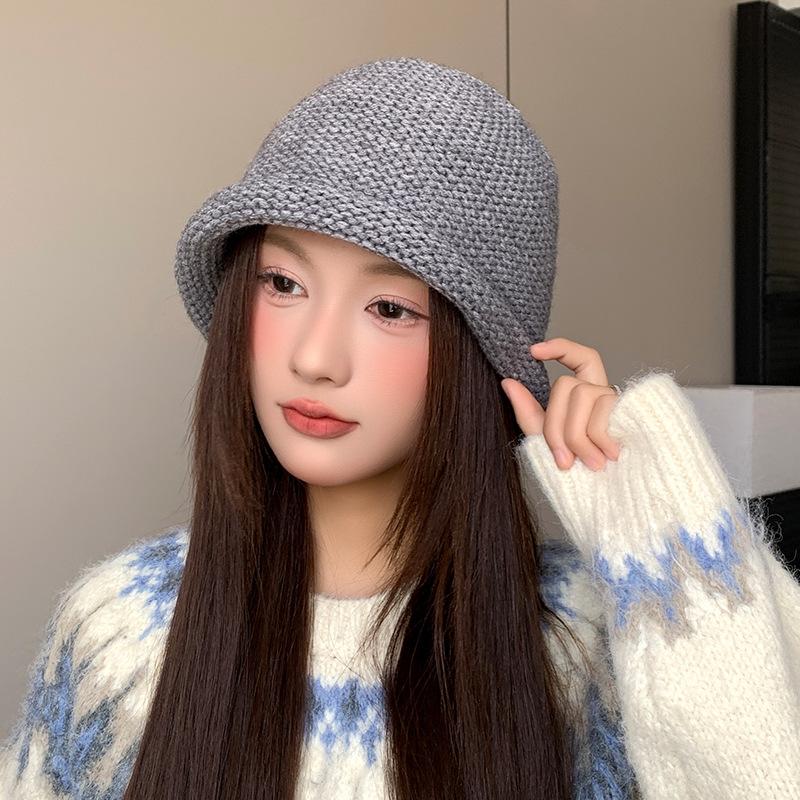 Korean style Chunky Knitted Fisherman's Hat Women's Autumn and Winter Warm Ear Protecting Woolen Hat Big Head Scarf To Show Off Face Small Basin Hat