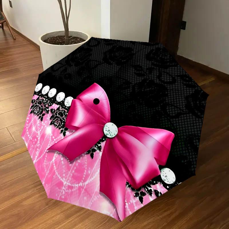 1PC Bow Diamond Umbrella-8-Rib Reinforced, Automatic Open, Lightweight & Durable, Cute Fashion Accessory for Outdoor, Beach, or Casual Use, Beach Umbr