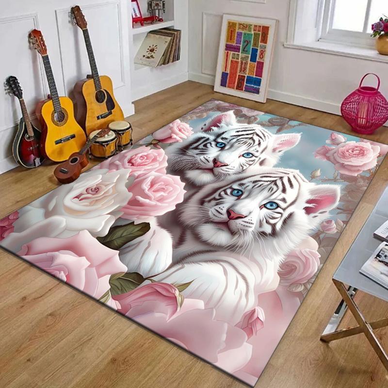1Pcs White Tiger RosePattern Floor Mat Modern Kitchen polyester Rug Non-Slip Colorful Indoor Carpet, For Home Bathroom Bedroom Living Room Decor