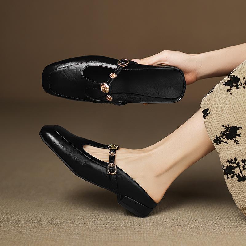 Fashion Slippers Women Summer Shoes Low Cover Toe Rivet Slides PU Rubber Rome Hoof Heels Fabric Shoes Low Ladies' Slippers Cover Toe Riv