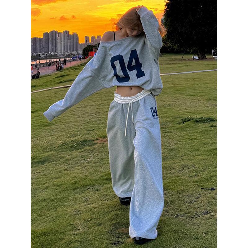 Women's Retro Patchwork Wide Leg Sweatpants - Gray Summer Casual Style