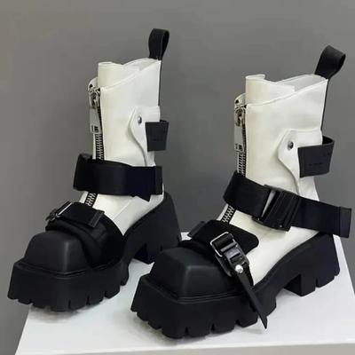 Genuine Leather Platform Boots Women  New Short Boots Women Belt Buckle Chunky Heel Motorcycle Boot Designer Ankle Boots