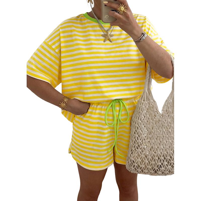 Women s 2026 Summer Striped Color Block Casual Two-Piece Set XL
