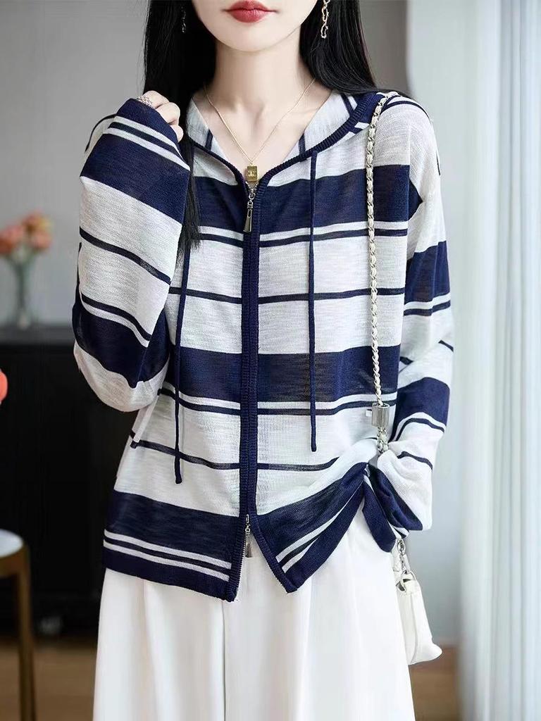 Women's Autumn Korean Striped Bamboo Linen Hooded Cardigan - Loose, Slimming Design