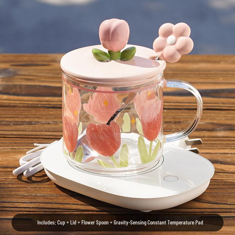 ZISIZ Tulip Constant Temperature Glass Mug with Lid and Spoon